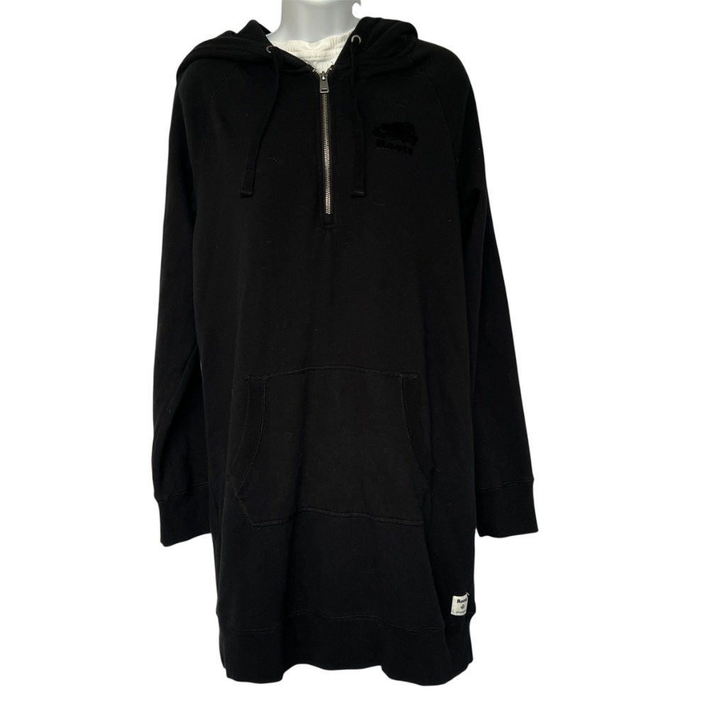 Roots Hoodie 33" Long 1/4 Zip Black Size M Kangaroo Pocket